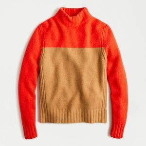 J Crew Camel and Tangerine Mock Neck Colorblock Sweater (size small)